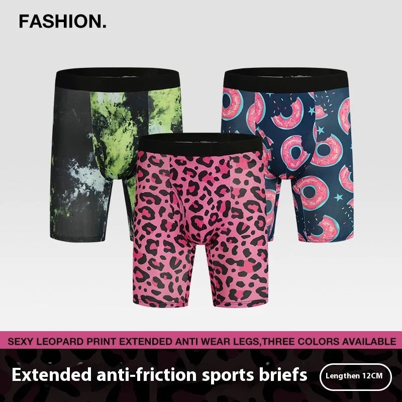 Men's wild leopard print underwear in pink, black and green tie-dye, and doughnut colours on a white background.