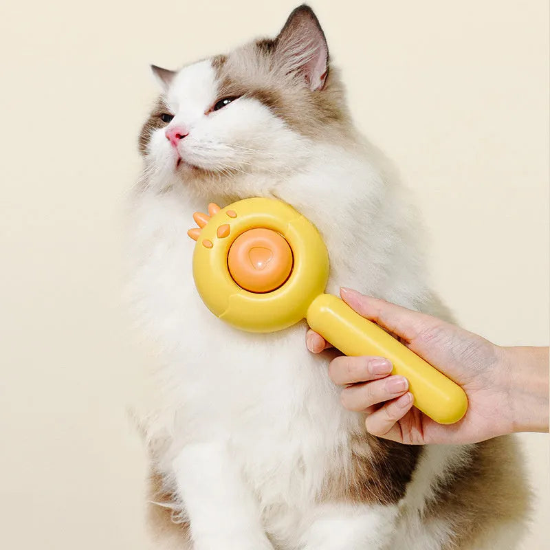 Purple self-cleaning pet grooming brush with stainless steel bristles for cats and dogs
