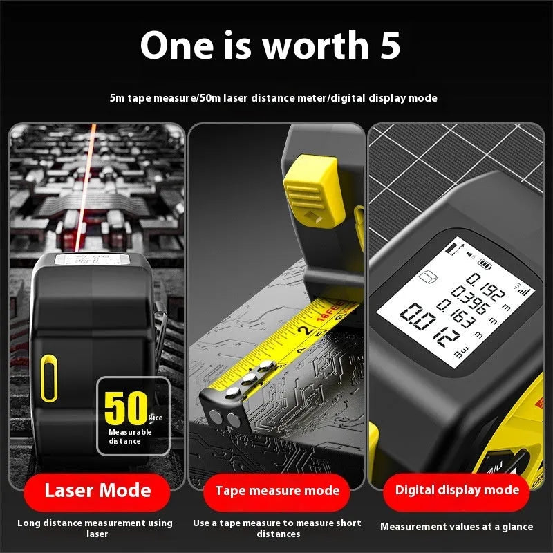 Three-in-one laser tape measure with 50m range, ABS TPR body, and rechargeable lithium battery