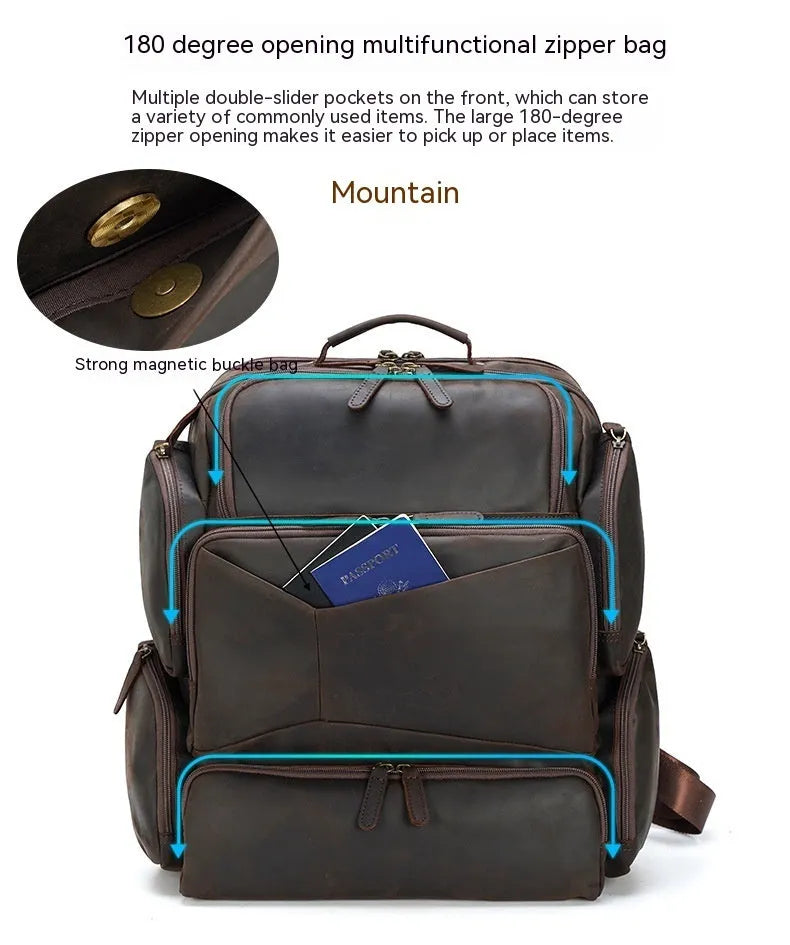 Dark brown retro leather backpack for a 17-inch laptop with double shoulder straps.