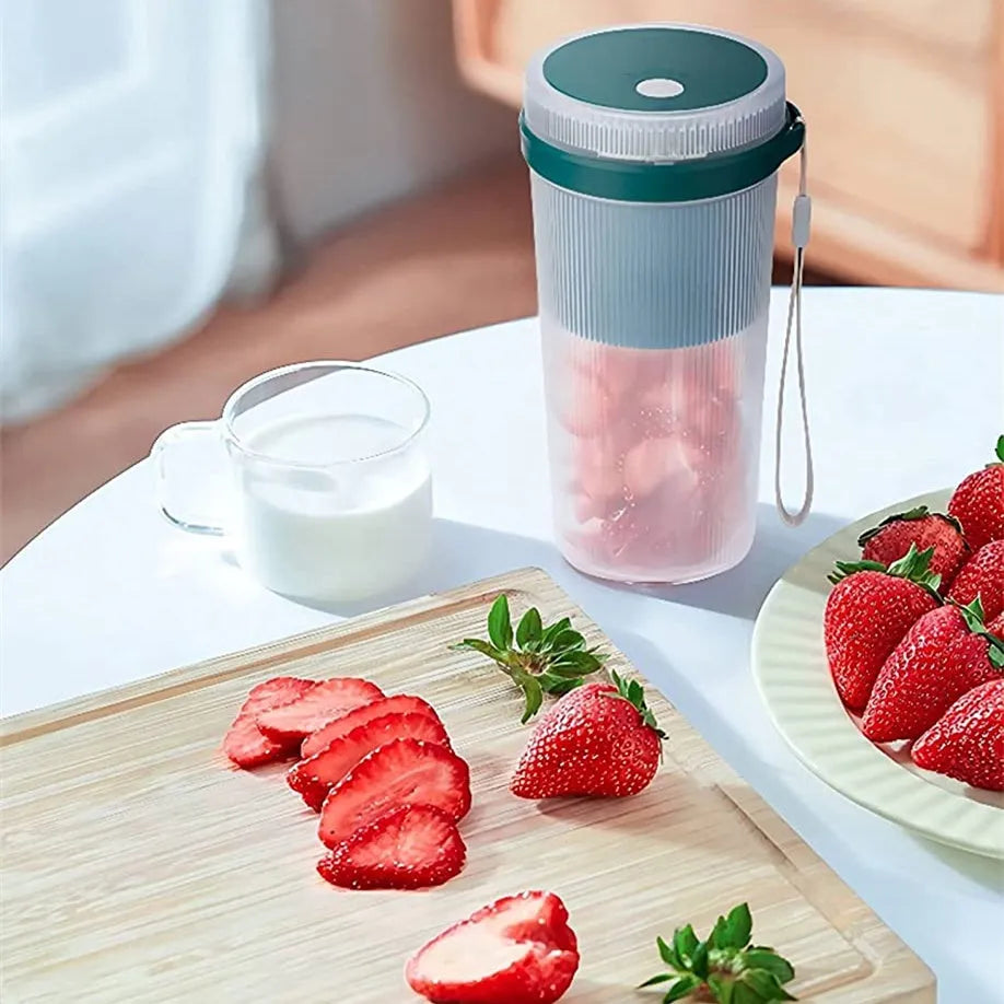 Blue portable USB rechargeable blender with detachable cup and charging cable