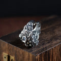 Silver open ring with Jibeast pattern animal zodiac design and adjustable sizing