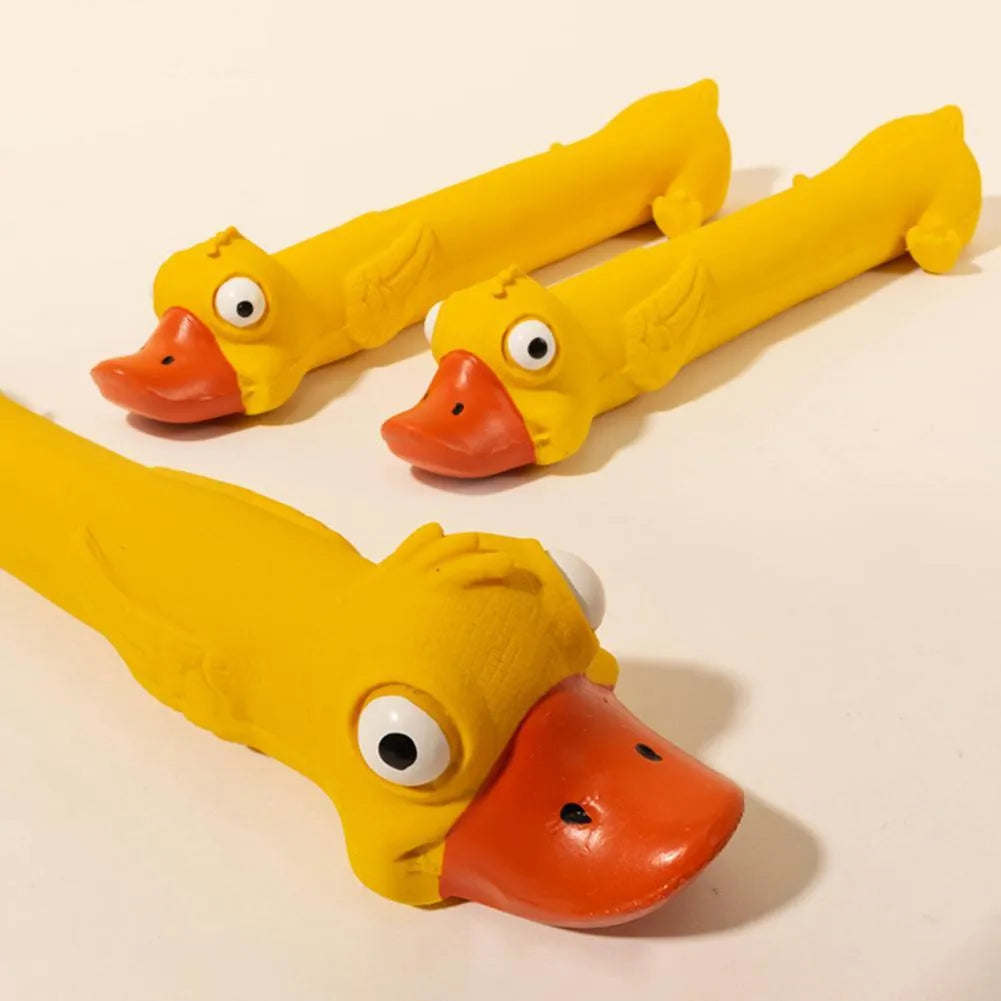 Yellow duck latex dog toy, 26cm long, with built-in squeak sounder for chewing and play