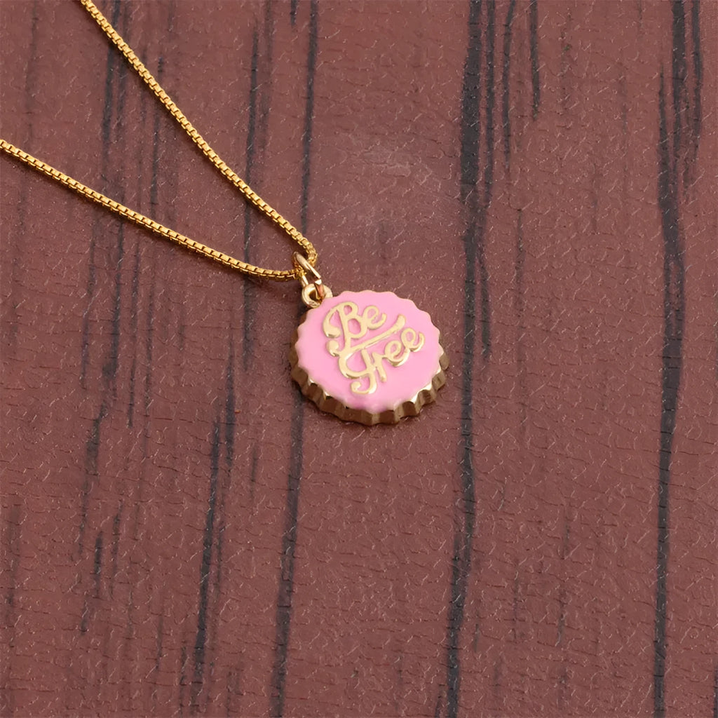 Copper bottle cap pendant necklace with gold-colour electroplated finish on a 40cm box chain.