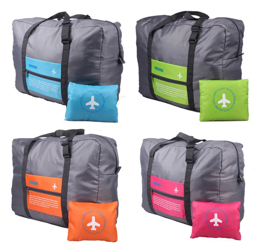 Large capacity foldable nylon travel bag in blue, showing open storage and compact folded size on suitcase