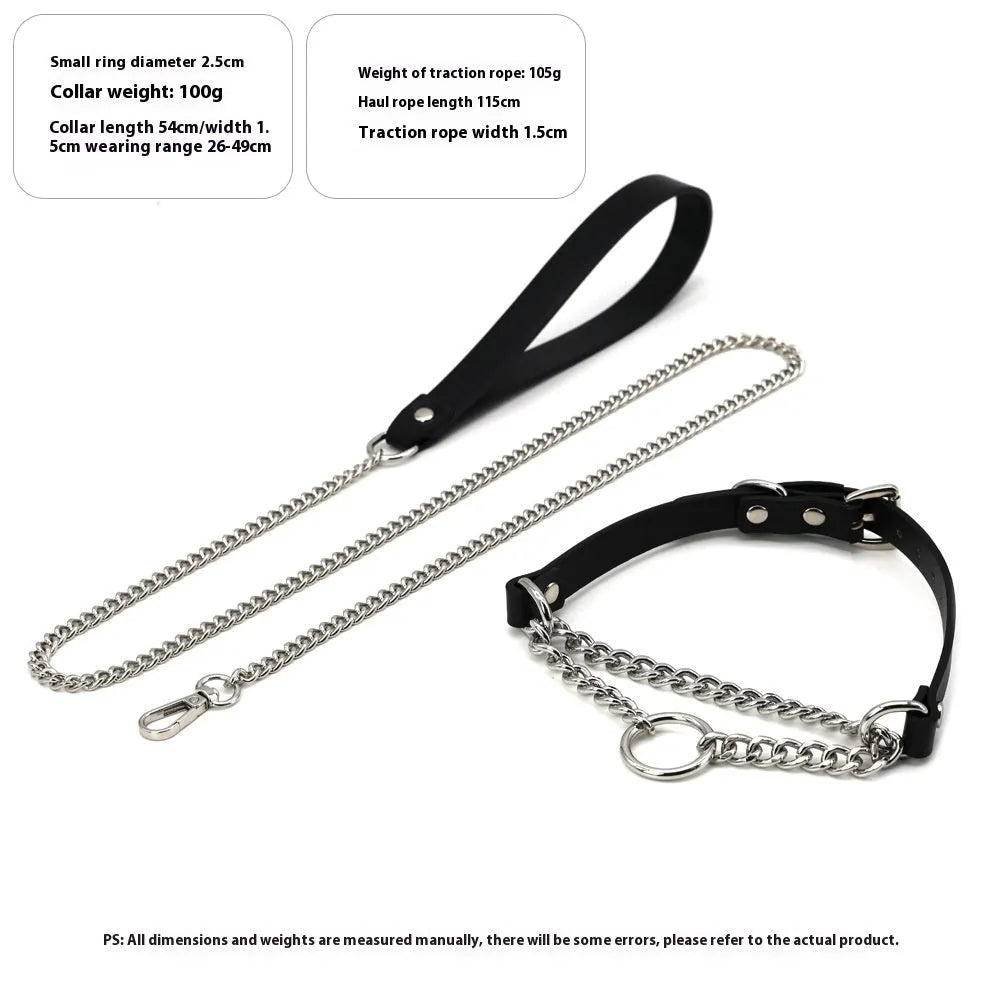 Black cowhide leather punk collar with hand grip rope adjustment and matching leash