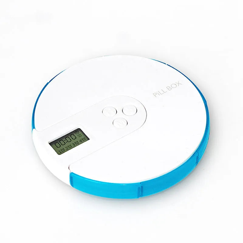 Compact 7-compartment alarm clock pill dispenser with digital timer display in multiple colours.