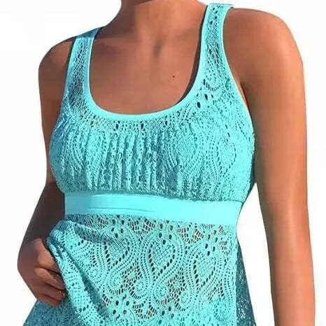 Women's conservative cut two-piece swimwear set with hollow detailing in solid colour