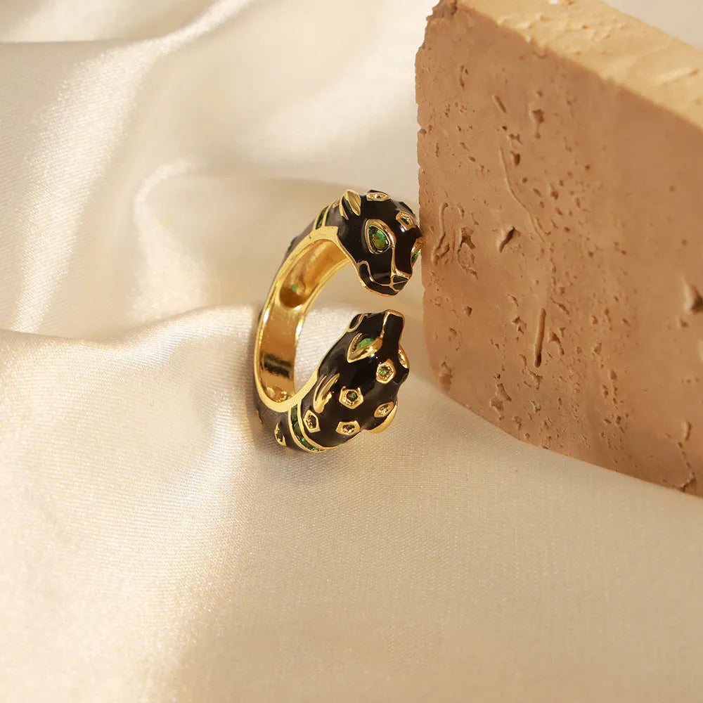 Women's black cheetah pattern open geometric ring size 7 copper electroplated