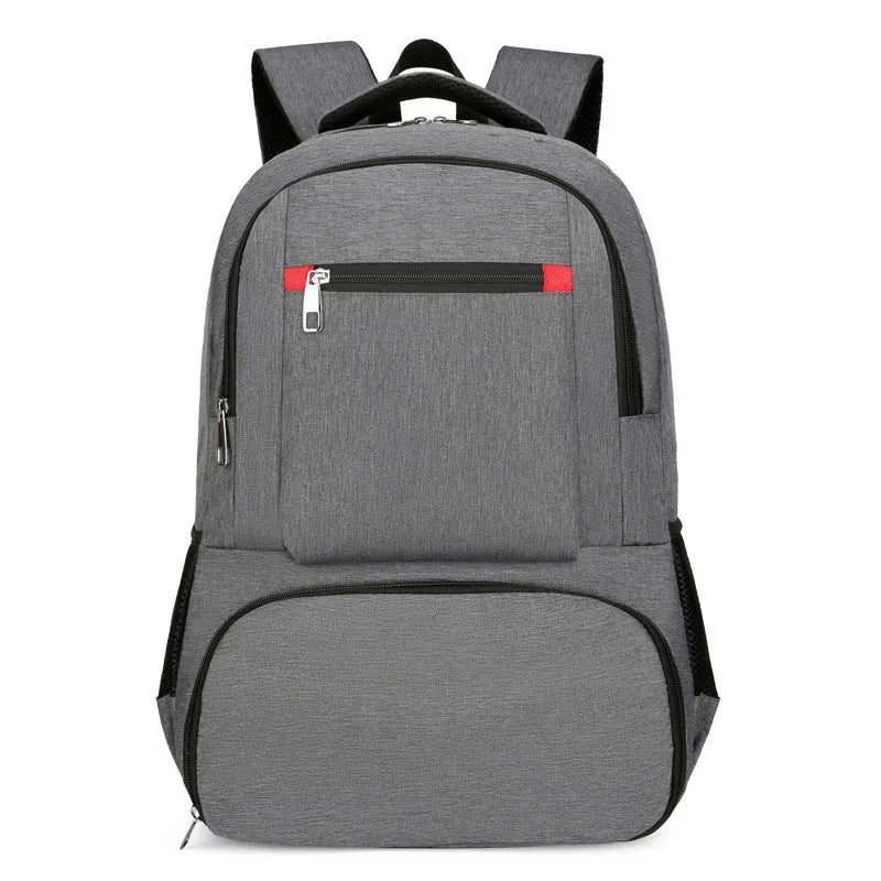 Light grey Oxford cloth insulated picnic backpack with curved shoulder straps and a pull rod belt.
