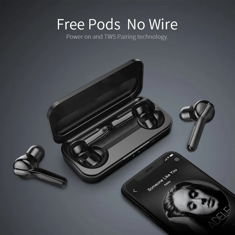 Black and white true wireless Bluetooth earbuds with in-ear design.