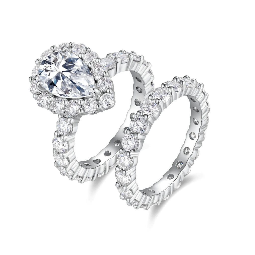 Love ring with pear-shaped moissanite on S925 silver band platinum-plated finish sizes 5 to 9