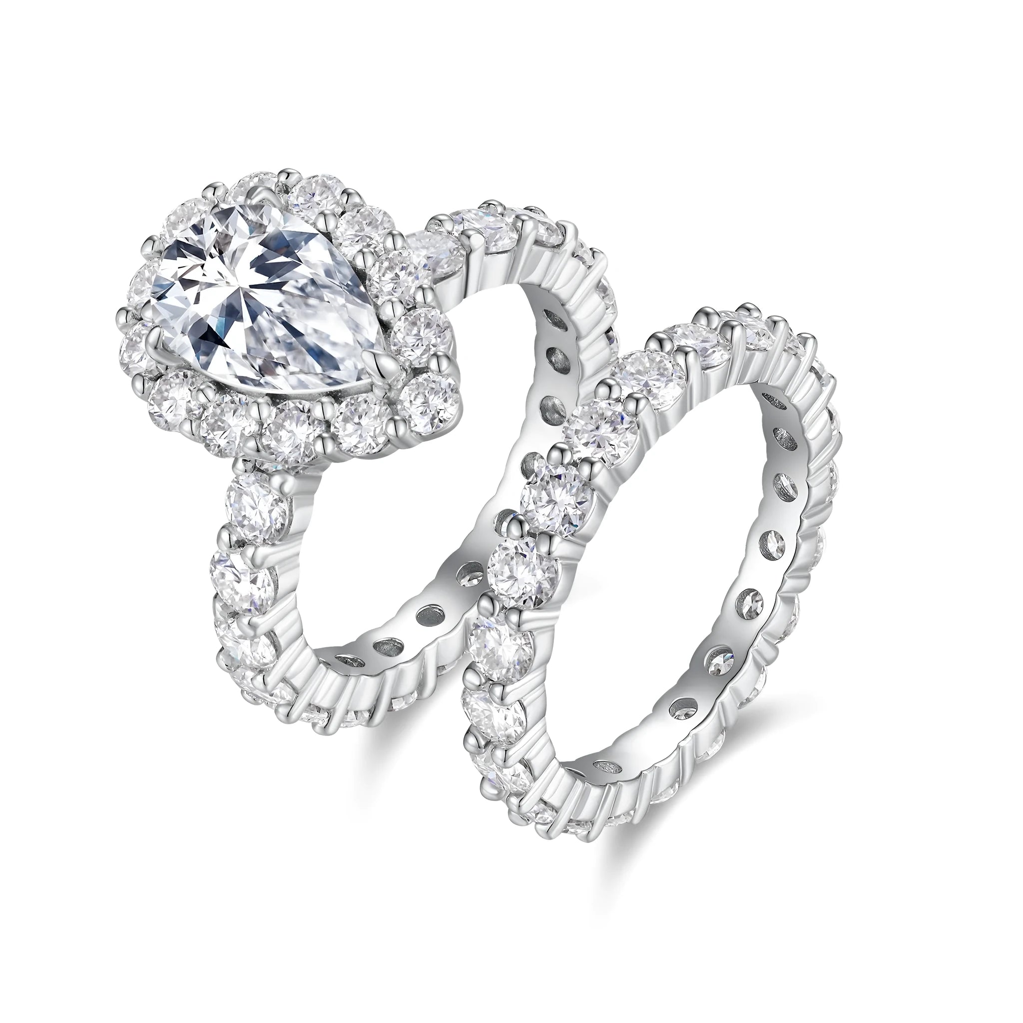 Love ring with pear-shaped moissanite on S925 silver band platinum-plated finish sizes 5 to 9