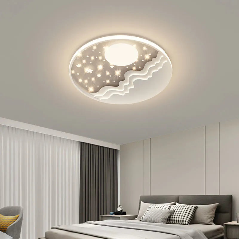 White moon-shaped wrought iron and acrylic bedroom ceiling light with romantic glow