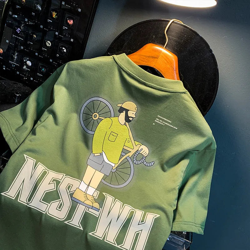 Green men's loose t-shirt with a literary graphic print on the front, short sleeves.