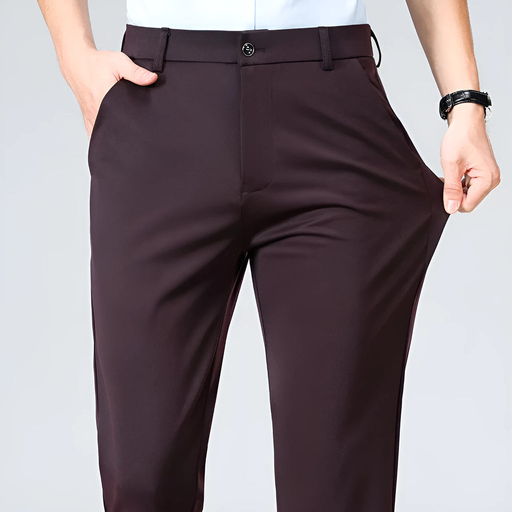Men's loose fit casual business trousers in black, high elasticity polyester, side view