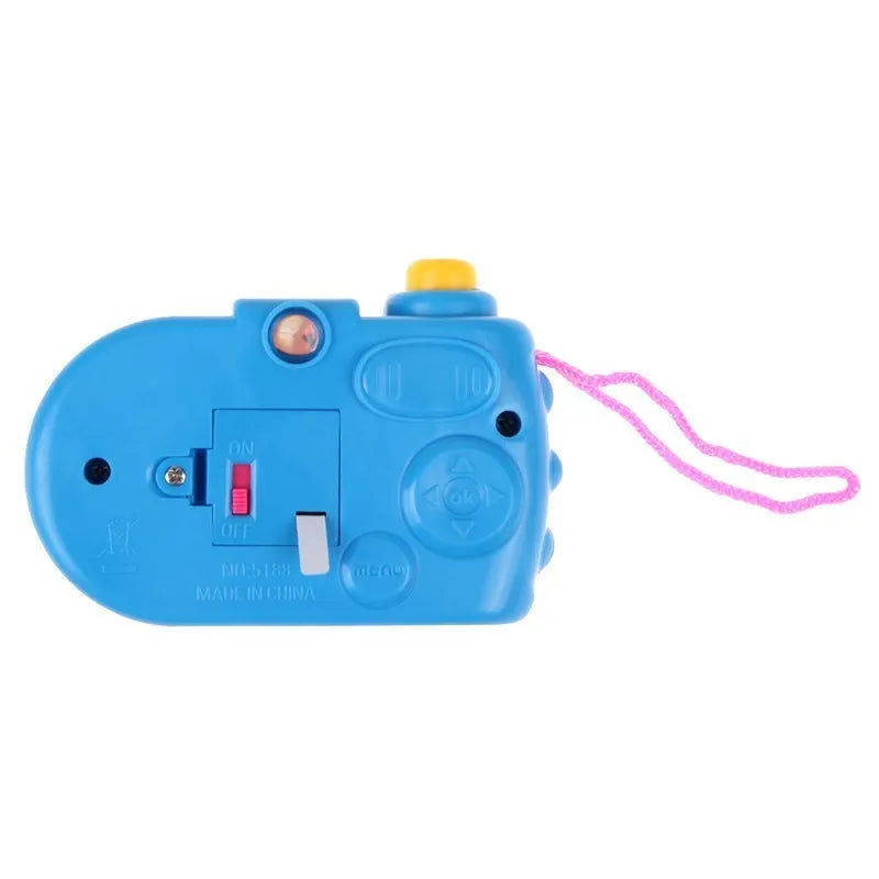 Children's plastic projection camera toy showing animal images with interactive sliding lip mechanism