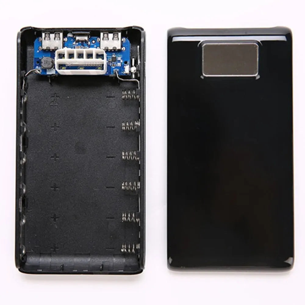 C9 DIY 18650 power bank case in black and white, showing six battery slots and dual USB ports.