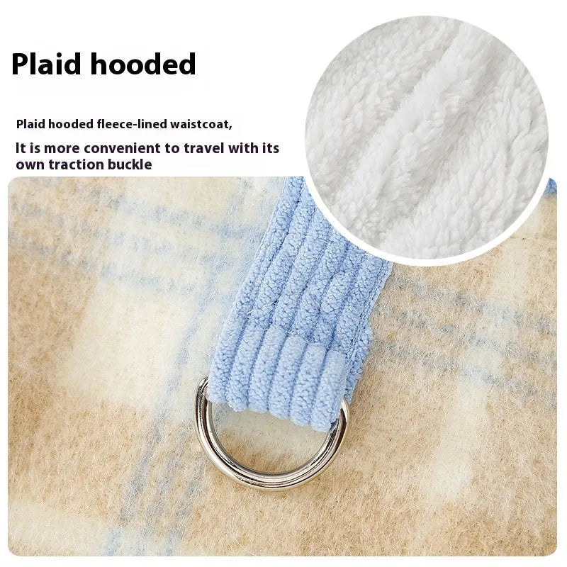 Blue corduroy dog hoodie with a chessboard grid pattern and hooded vest design