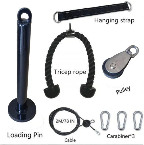 Portable fitness equipment set with pulley rope in black for arm strength and triceps, packaged in 36x14x8cm neutral carton