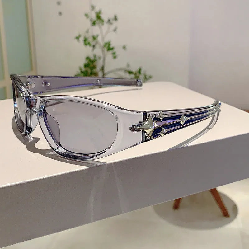 Polycarbonate windproof sunglasses in multiple colour options including black frame with blue lens.