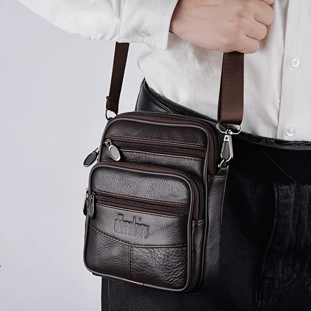 Men's leather waist bag in black or dark brown, worn as waist bag, shoulder messenger bag, or belt pouch