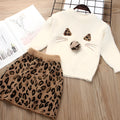 Children's knitted sweater suit two-piece skirt set in beige or red, long sleeve, floral or leopard print, sizes 90cm to 130cm