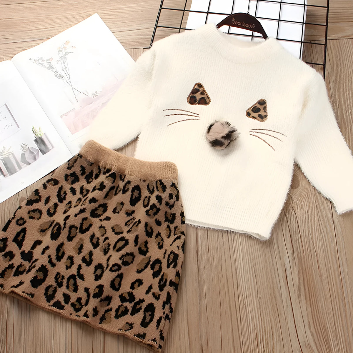 Children's knitted sweater suit two-piece skirt set in beige or red, long sleeve, floral or leopard print, sizes 90cm to 130cm