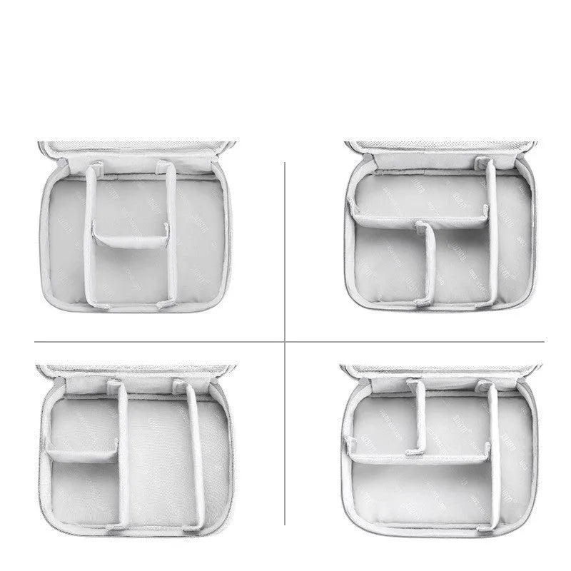 Black EVA digital storage organiser bag showing double layer compartments for headphones and cables