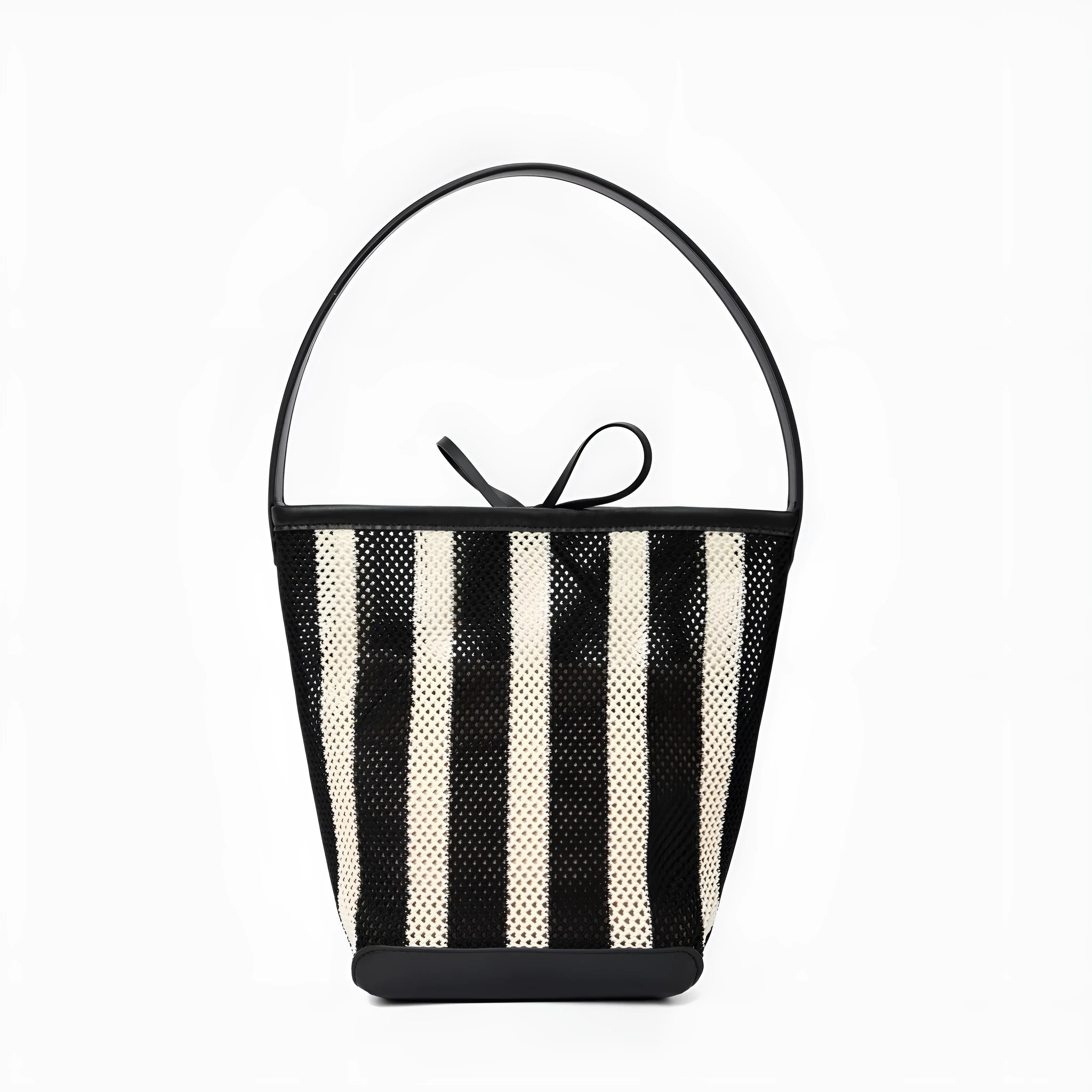 Black and white striped woven fabric women's bucket shoulder bag.