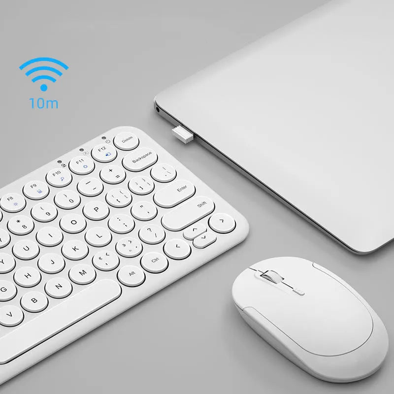 Ultra-thin wireless keyboard and mouse set in white with USB receiver and keyboard film.