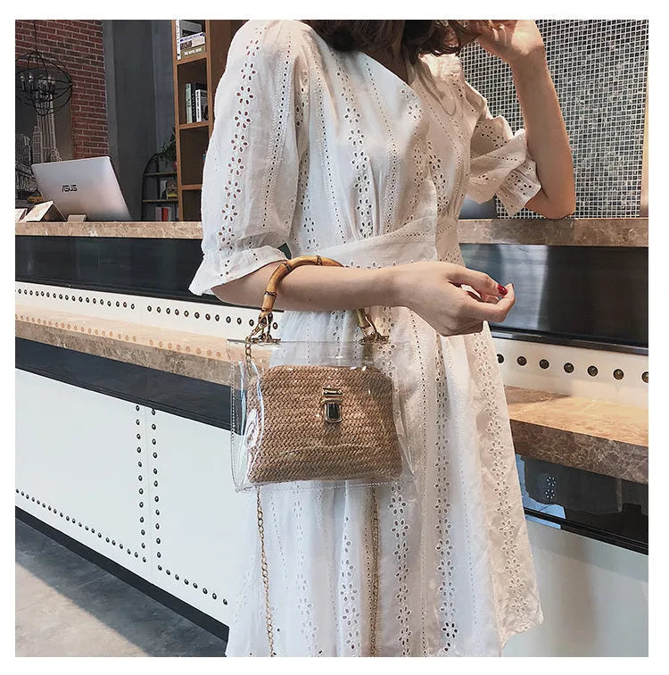 Women's PVC bamboo knot woven crossbody bag with chain decoration in khaki