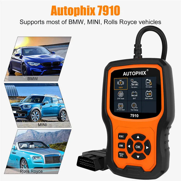 Autophix 7910 automotive diagnostic scanner tool for BMW vehicles with OBD2 connector.