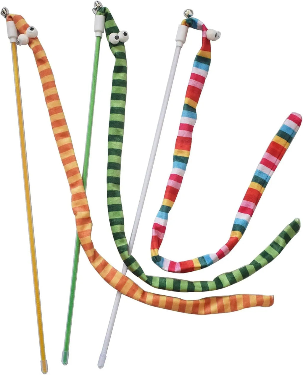 Cat wand toy with polycarbonate pole and long plush strip in vibrant colours