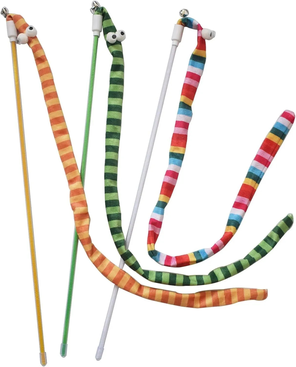 Cat wand toy with polycarbonate pole and long plush strip in vibrant colours