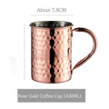 Stainless steel Moscow Mule cup with copper plating in hammered and plain styles, shown in gold and silver finishes.