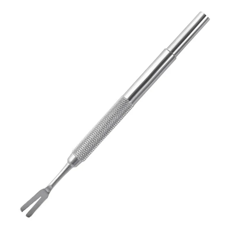 Silver stainless steel tick removal tweezers with fine tips and an ergonomic handle for pets.