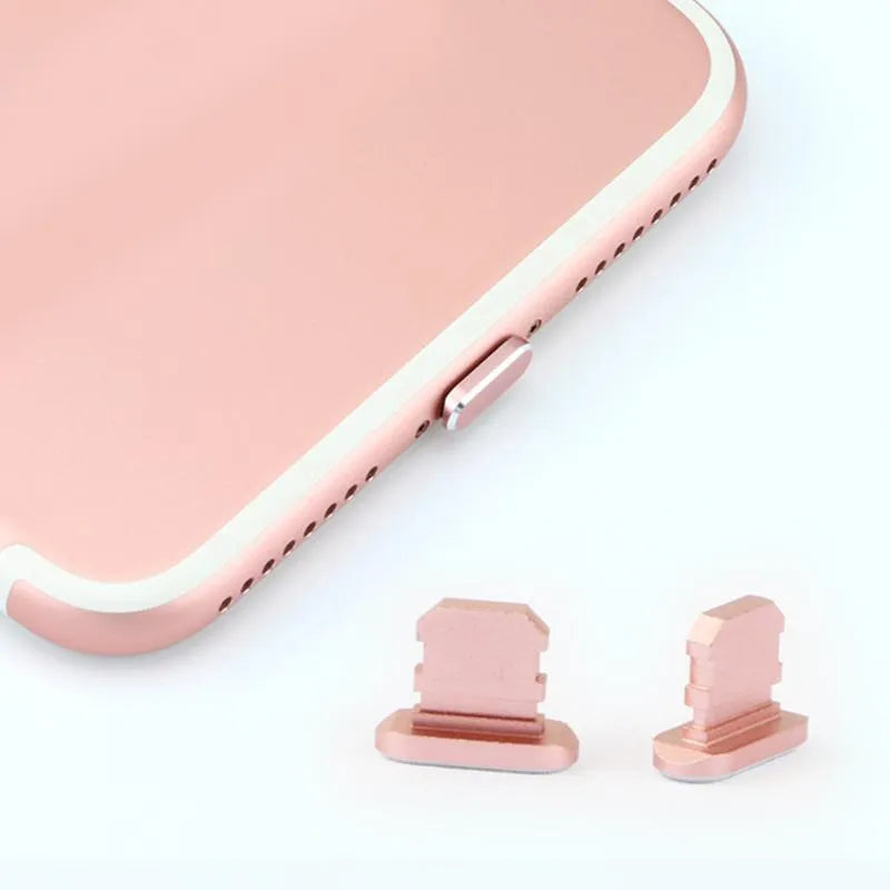 Aluminium alloy dust plug for iPhone charging port in various metallic colours.