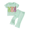 Baby girl cotton short-sleeve bell-bottom pants set with rabbit embroidery in light yellow