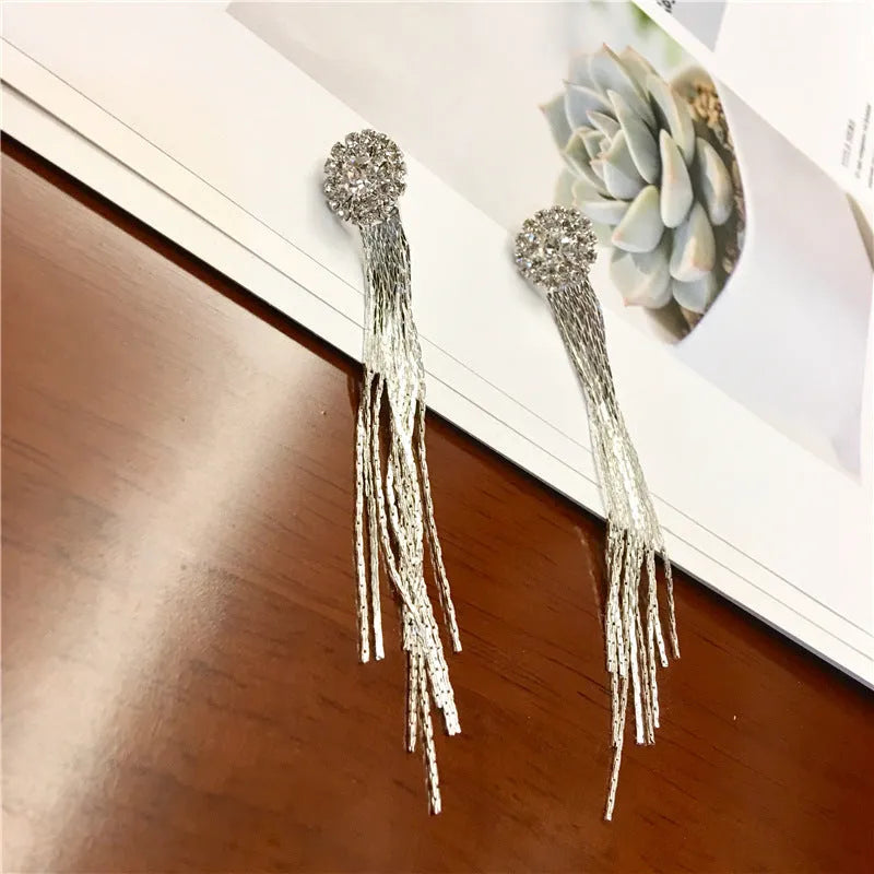 Silver crystal tassel earrings for women with plated metal and Korean-style drop design
