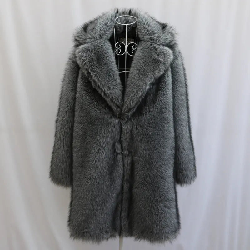 Men's long-cut faux fox fur coat in dark gray, 80cm length, side seam pockets, loose street fashion style