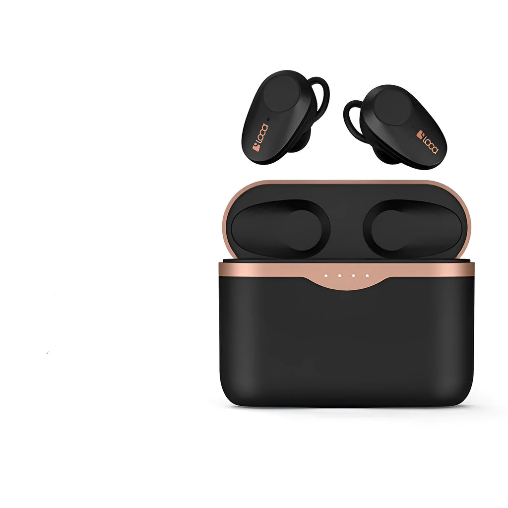 Black wireless Bluetooth headphones with charging stand showing true wireless stereo design