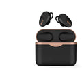 Black wireless Bluetooth headphones with charging stand showing true wireless stereo design