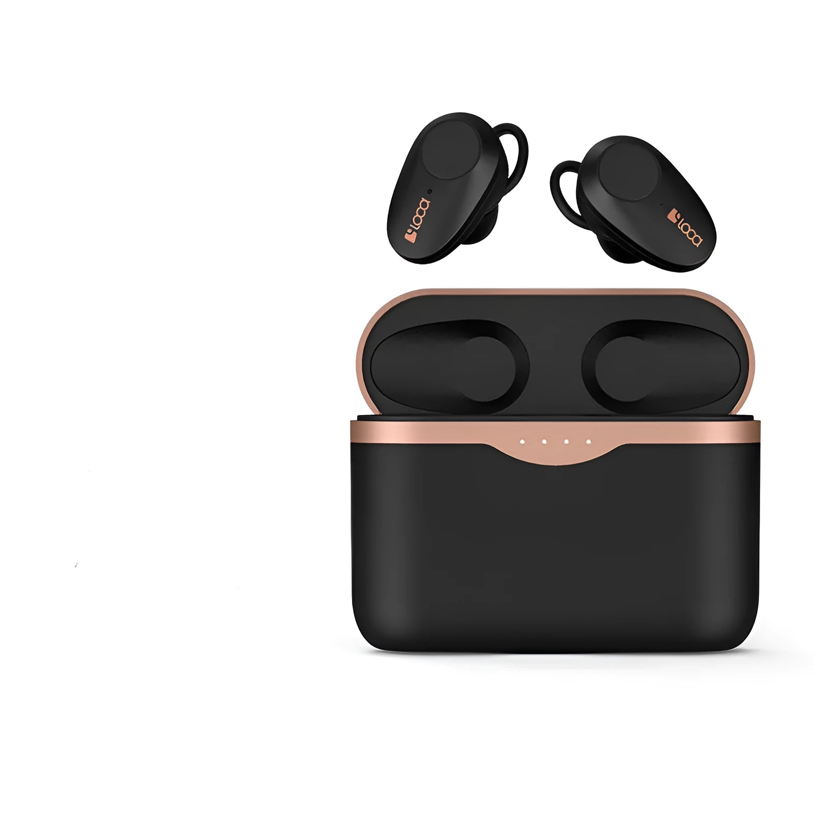 Black wireless Bluetooth headphones with charging stand showing true wireless stereo design
