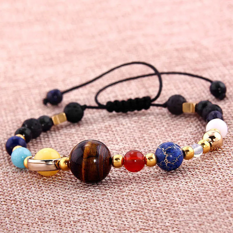 Natural stone bead bracelet with eight planets and guardian star design, adjustable 15-25cm inner circumference