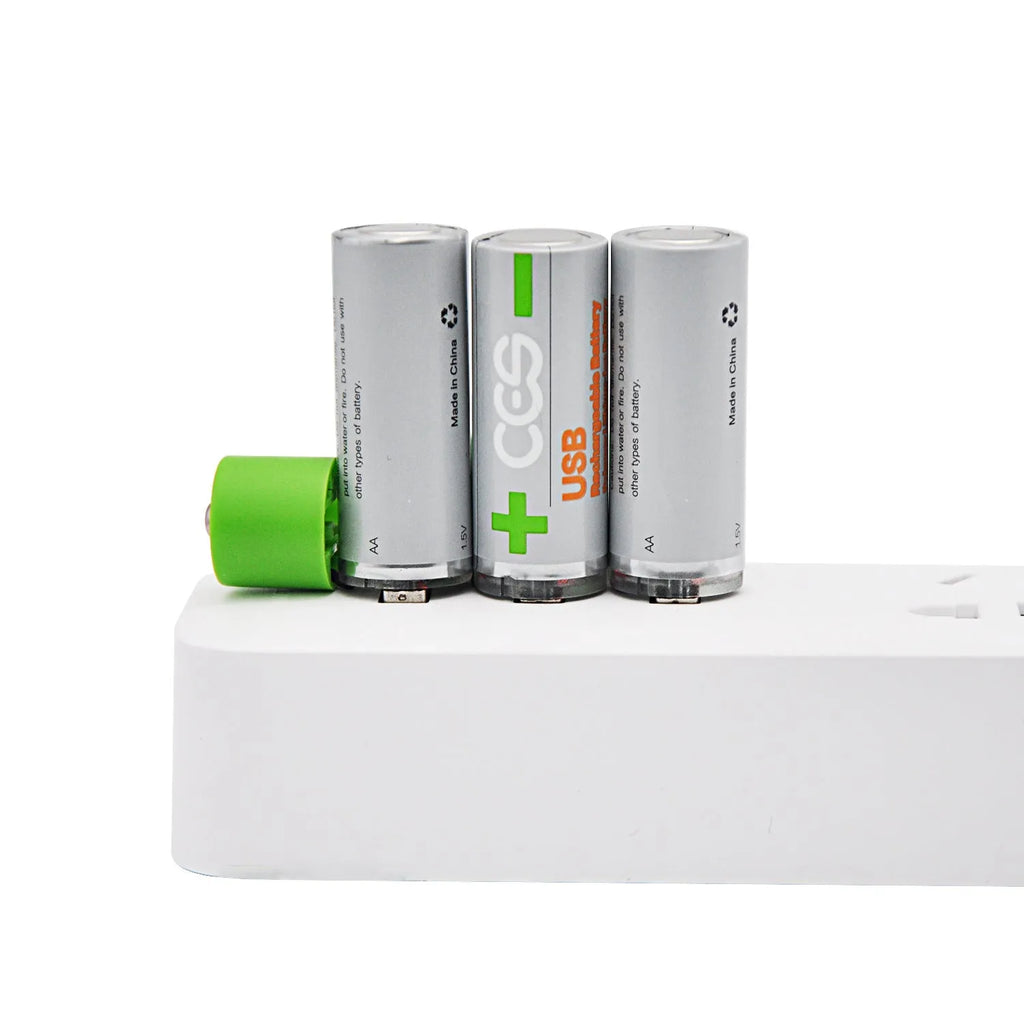 Ces USB fast charge lithium AA battery with silver-green casing, 1.5V constant voltage, 1665mWh capacity, and integrated USB charging port
