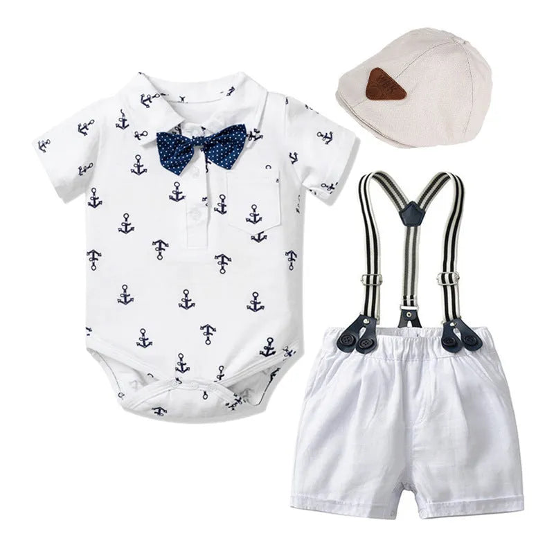 Cotton triangle romper for baby boys in blue or white with short sleeves and gentleman styling