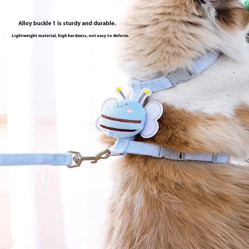 Adjustable bee shaped polyester cat leash in pink, blue, or yellow with strap and hand rope.