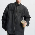 Vintage brown distressed PU motorcycle coat with stand-up collar and loose fit
