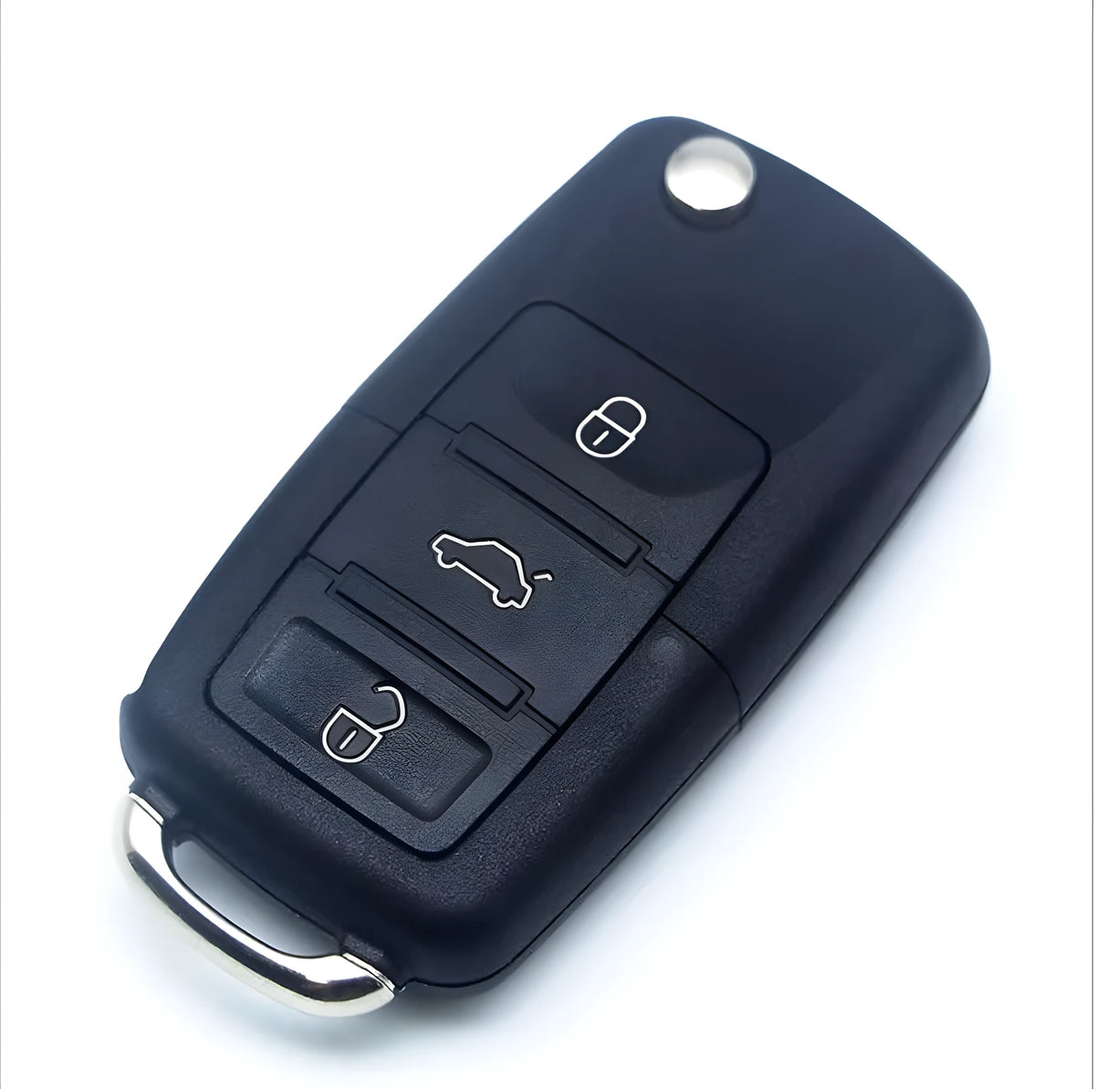 Black 3-button car key shell replacement housing made from nylon, glass fibre, and PVC with a secret compartment